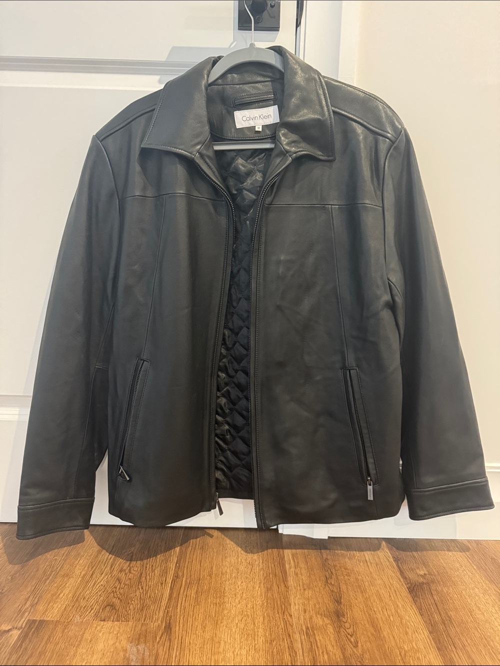 Calvin Klein Black Leather Zip-Front Bomber Jacket